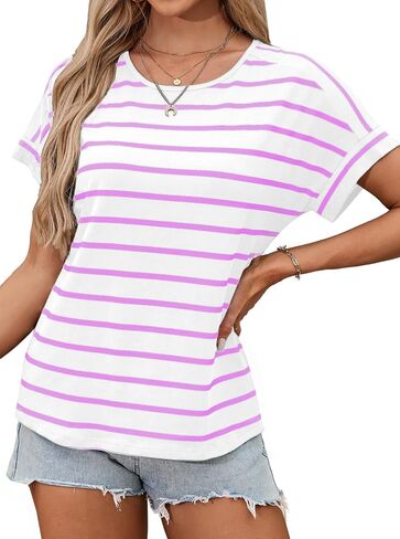 LilyCoco Womens Short Batwing Sleeve Striped Shirt Crew Neck Tops Casual Loose Fit Tee in Saudi Arabia