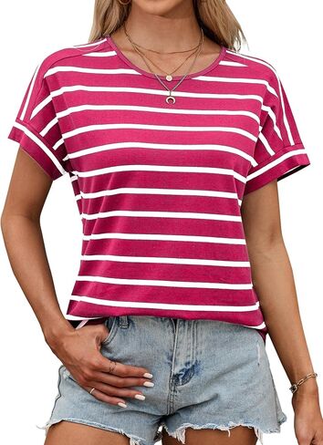 LilyCoco Womens Short Batwing Sleeve Striped Shirt Crew Neck Tops Casual Loose Fit Tee in Saudi Arabia