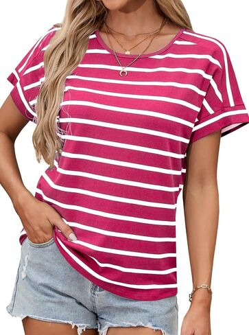 LilyCoco Womens Short Batwing Sleeve Striped Shirt Crew Neck Tops Casual Loose Fit Tee in Saudi Arabia