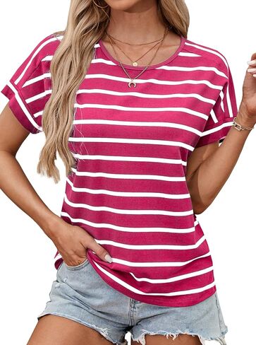 LilyCoco Womens Short Batwing Sleeve Striped Shirt Crew Neck Tops Casual Loose Fit Tee in Saudi Arabia