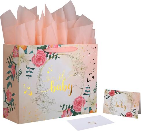 13" Large Light Orange Gift Bag Set with Greeting Card and Tissue Paper (Gold Foil ‘Oh Baby’) for Baby Shower, Baby Girl or Boy, Girls' Birthday Party, Women's Birthday Parties - 13"x5.2"x10.2", 1 Pcs. in Saudi Arabia