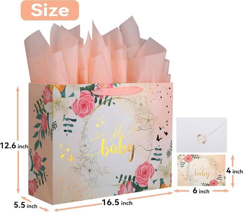 13" Large Light Orange Gift Bag Set with Greeting Card and Tissue Paper (Gold Foil ‘Oh Baby’) for Baby Shower, Baby Girl or Boy, Girls' Birthday Party, Women's Birthday Parties - 13"x5.2"x10.2", 1 Pcs. in Saudi Arabia