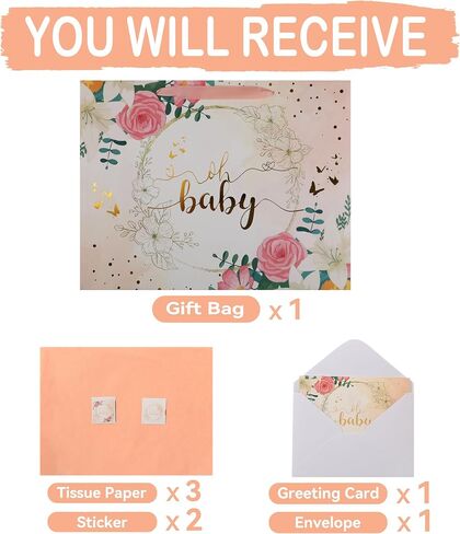 13" Large Light Orange Gift Bag Set with Greeting Card and Tissue Paper (Gold Foil ‘Oh Baby’) for Baby Shower, Baby Girl or Boy, Girls' Birthday Party, Women's Birthday Parties - 13"x5.2"x10.2", 1 Pcs. in Saudi Arabia
