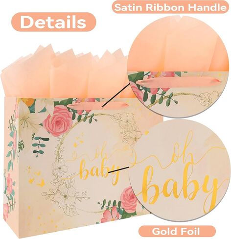 13" Large Light Orange Gift Bag Set with Greeting Card and Tissue Paper (Gold Foil ‘Oh Baby’) for Baby Shower, Baby Girl or Boy, Girls' Birthday Party, Women's Birthday Parties - 13"x5.2"x10.2", 1 Pcs. in Saudi Arabia