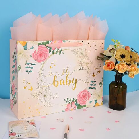 13" Large Light Orange Gift Bag Set with Greeting Card and Tissue Paper (Gold Foil ‘Oh Baby’) for Baby Shower, Baby Girl or Boy, Girls' Birthday Party, Women's Birthday Parties - 13"x5.2"x10.2", 1 Pcs. in Saudi Arabia