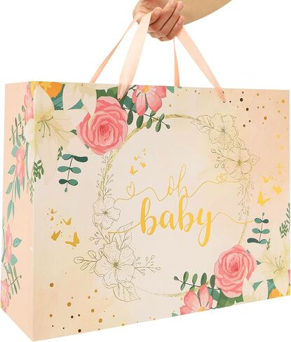 13" Large Light Orange Gift Bag Set with Greeting Card and Tissue Paper (Gold Foil ‘Oh Baby’) for Baby Shower, Baby Girl or Boy, Girls' Birthday Party, Women's Birthday Parties - 13"x5.2"x10.2", 1 Pcs. in Saudi Arabia