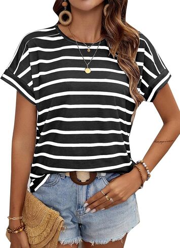 LilyCoco Womens Short Batwing Sleeve Striped Shirt Crew Neck Tops Casual Loose Fit Tee in Kuwait