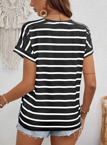 LilyCoco Womens Short Batwing Sleeve Striped Shirt Crew Neck Tops Casual Loose Fit Tee in Kuwait