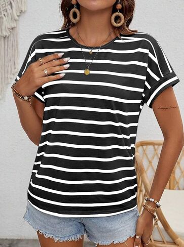 LilyCoco Womens Short Batwing Sleeve Striped Shirt Crew Neck Tops Casual Loose Fit Tee in Kuwait
