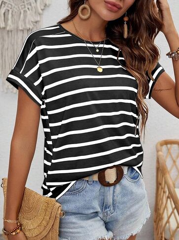 LilyCoco Womens Short Batwing Sleeve Striped Shirt Crew Neck Tops Casual Loose Fit Tee in Kuwait