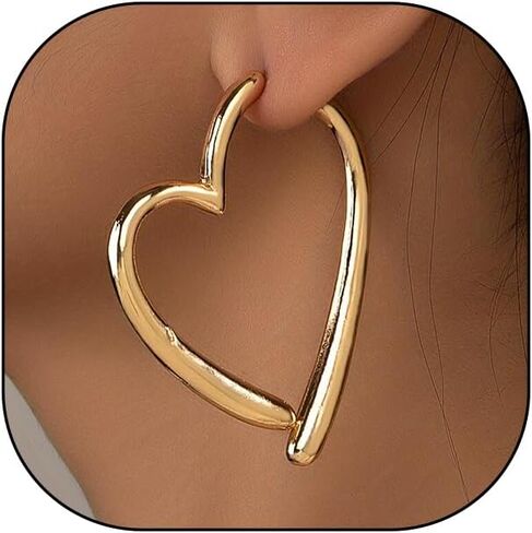 Big Heart Hoop Statement Earrings for Women,14K Gold Large Asymmetrical Love Shaped Drop Dangle Earrings Minimalist Earrings Accessories Gifts in Kuwait