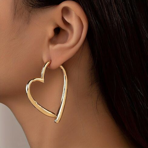 Big Heart Hoop Statement Earrings for Women,14K Gold Large Asymmetrical Love Shaped Drop Dangle Earrings Minimalist Earrings Accessories Gifts in Kuwait