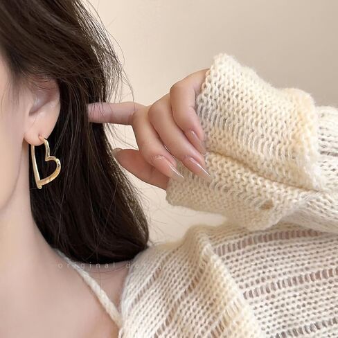 Big Heart Hoop Statement Earrings for Women,14K Gold Large Asymmetrical Love Shaped Drop Dangle Earrings Minimalist Earrings Accessories Gifts in Kuwait
