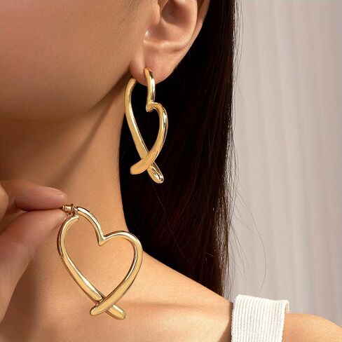 Big Heart Hoop Statement Earrings for Women,14K Gold Large Asymmetrical Love Shaped Drop Dangle Earrings Minimalist Earrings Accessories Gifts in Kuwait