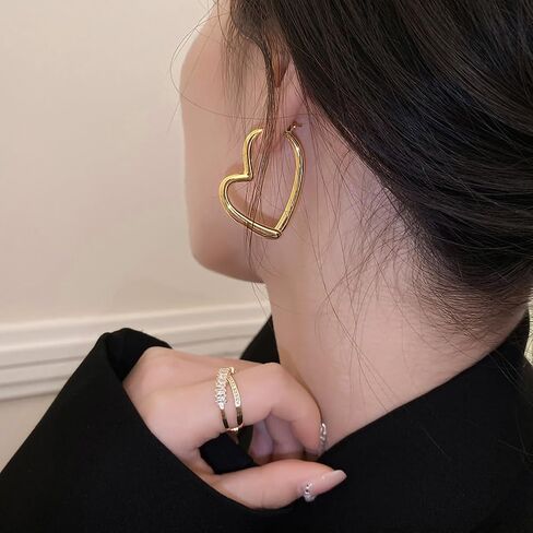 Big Heart Hoop Statement Earrings for Women,14K Gold Large Asymmetrical Love Shaped Drop Dangle Earrings Minimalist Earrings Accessories Gifts in Kuwait