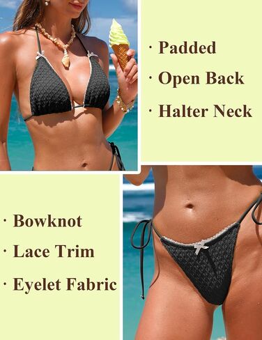 مجموعات بيكيني Zaful للنساء الرسن من قطعتين من ملابس السباحة مثلث Triangle Side Thong Wathing Suit Bowknot Lace in Kuwait
