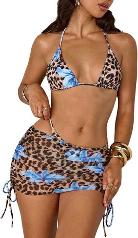 Verdusa Women's 4 Piece Cheetah Floral Halter Bikini pikini pack back swimsuit with cover up skirt and bandana dicf in Kuwait