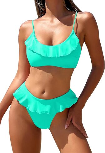 Zaful Ruffle Bikinis for Women Scoop Neck Swimsuits Lace Up Bikini مجموعات مبطنة in Kuwait
