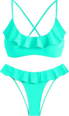 Zaful Ruffle Bikinis for Women Scoop Neck Swimsuits Lace Up Bikini مجموعات مبطنة in Kuwait