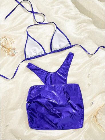 MakeMeChic Women's 3 Piece Bikini Sets Metallic Halter Ruched Triangle Cheeky Bathing Suit Swimsuit with Beach Skirt in Kuwait