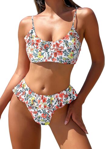 Zaful Ruffle Bikinis for Women Scoop Neck Swimsuits Lace Up Bikini مجموعات مبطنة in Kuwait