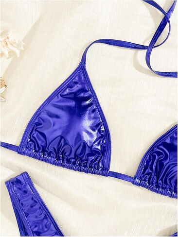 MakeMeChic Women's 3 Piece Bikini Sets Metallic Halter Ruched Triangle Cheeky Bathing Suit Swimsuit with Beach Skirt in Kuwait