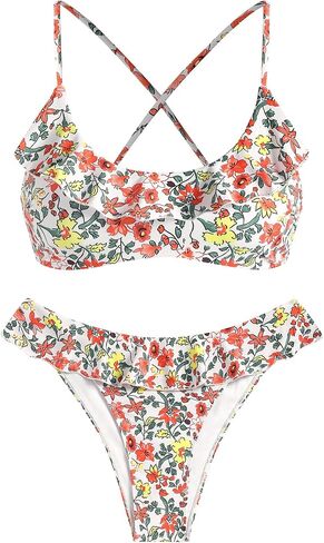 Zaful Ruffle Bikinis for Women Scoop Neck Swimsuits Lace Up Bikini مجموعات مبطنة in Kuwait