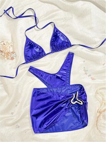 MakeMeChic Women's 3 Piece Bikini Sets Metallic Halter Ruched Triangle Cheeky Bathing Suit Swimsuit with Beach Skirt in Kuwait