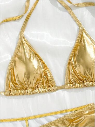 MakeMeChic Women's 3 Piece Bikini Sets Metallic Halter Ruched Triangle Cheeky Bathing Suit Swimsuit with Beach Skirt in Kuwait