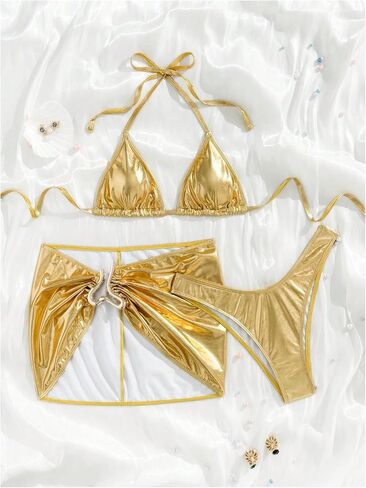 MakeMeChic Women's 3 Piece Bikini Sets Metallic Halter Ruched Triangle Cheeky Bathing Suit Swimsuit with Beach Skirt in Kuwait