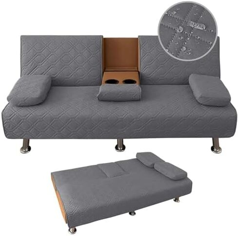 4 Pieces Click Clack Sofa Bed Cover 3 Seater, Quilted Convertible Folding Cover with 2 Removable Armrests and 1 Holders Covers (Grey) in Kuwait