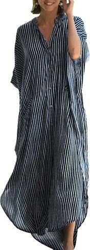 Chunoy Womens Button Down V Neck Kimono Sleeve Long Kaftan Beachwear Cover Up Maxi Dress in Saudi Arabia