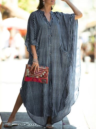 Chunoy Womens Button Down V Neck Kimono Sleeve Long Kaftan Beachwear Cover Up Maxi Dress in Saudi Arabia