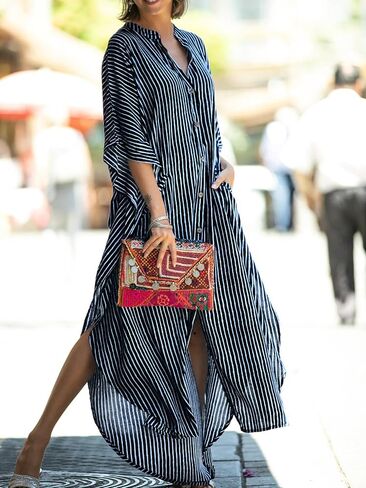 Chunoy Womens Button Down V Neck Kimono Sleeve Long Kaftan Beachwear Cover Up Maxi Dress in Saudi Arabia