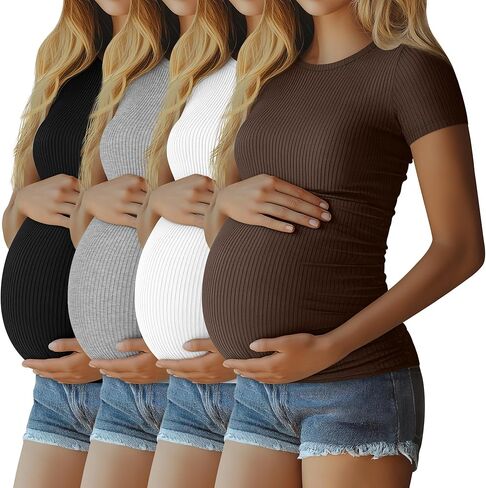 Neer 4 Pack Women's Maternity Cotton T Shirts Short Sleeve Tops Side Ruched Pregnancy Tees Casual Ribbed Mama Clothes in Saudi Arabia