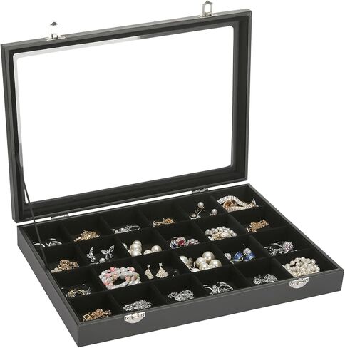Velvet Jewelry Earring Organizer Tray Box, 24 Grids Ring Bracelet Necklace Brooches Pendants Bead storage Holder Case With Clear Lid for Women Gril for Home Shop Display (Black) in Kuwait