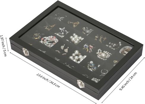 Velvet Jewelry Earring Organizer Tray Box, 24 Grids Ring Bracelet Necklace Brooches Pendants Bead storage Holder Case With Clear Lid for Women Gril for Home Shop Display (Black) in Kuwait