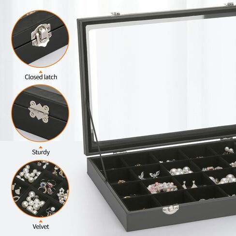 Velvet Jewelry Earring Organizer Tray Box, 24 Grids Ring Bracelet Necklace Brooches Pendants Bead storage Holder Case With Clear Lid for Women Gril for Home Shop Display (Black) in Kuwait