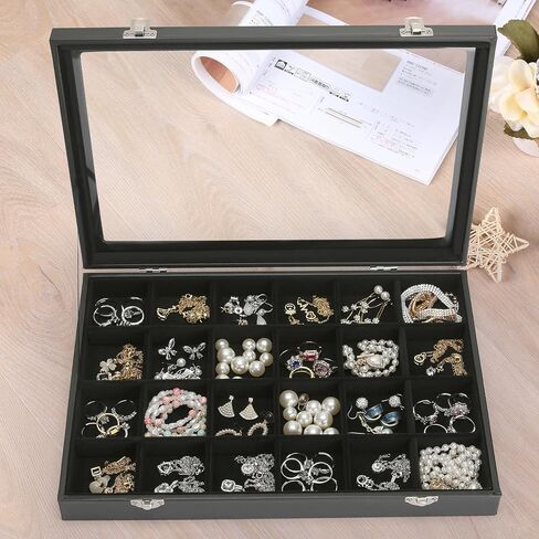 Velvet Jewelry Earring Organizer Tray Box, 24 Grids Ring Bracelet Necklace Brooches Pendants Bead storage Holder Case With Clear Lid for Women Gril for Home Shop Display (Black) in Kuwait