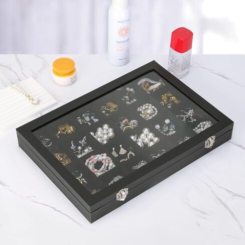 Velvet Jewelry Earring Organizer Tray Box, 24 Grids Ring Bracelet Necklace Brooches Pendants Bead storage Holder Case With Clear Lid for Women Gril for Home Shop Display (Black) in Kuwait