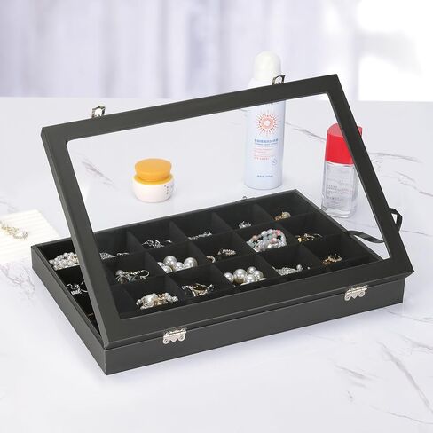 Velvet Jewelry Earring Organizer Tray Box, 24 Grids Ring Bracelet Necklace Brooches Pendants Bead storage Holder Case With Clear Lid for Women Gril for Home Shop Display (Black) in Kuwait