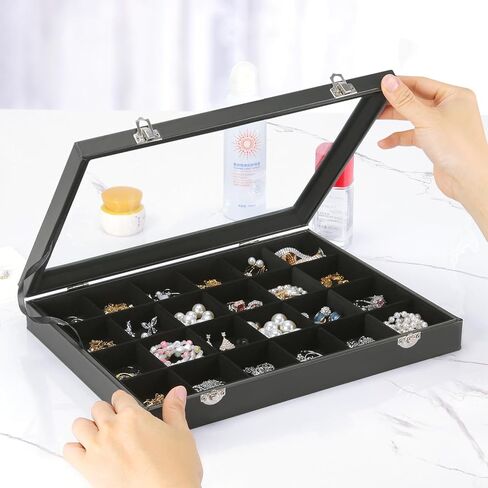 Velvet Jewelry Earring Organizer Tray Box, 24 Grids Ring Bracelet Necklace Brooches Pendants Bead storage Holder Case With Clear Lid for Women Gril for Home Shop Display (Black) in Kuwait
