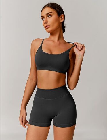 Abociw Womens Seamless تمرين مجموعات عارية الذراعين صراخ Sport Scrunch بعقب High Weist Gym Shorts 2 قطعة من القطعة in Kuwait