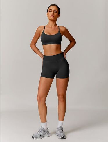 Abociw Womens Seamless تمرين مجموعات عارية الذراعين صراخ Sport Scrunch بعقب High Weist Gym Shorts 2 قطعة من القطعة in Kuwait
