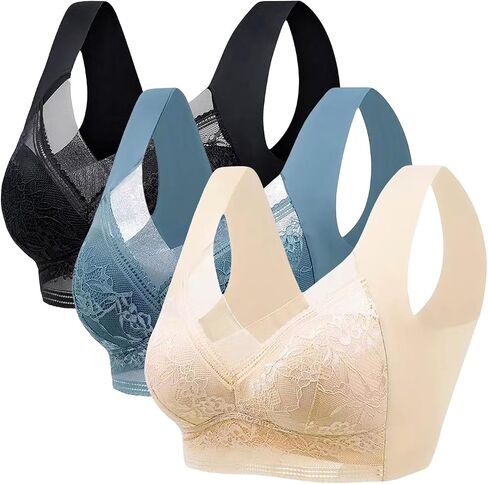 3pcs Set Wireless Bras for Women Floral Contrast Lace Comfy & Breathable Full Coverage Support Women's Bras for Everyday Wear in Saudi Arabia
