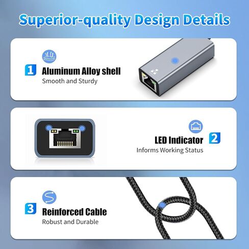 USB 3.0 to Ethernet Adapter with USB C to RJ45 Gigabit LAN 1000 Mbps Wired Network, Ethernet to USB Type-C 10/100/1000Mbps Network Adapter for Windows XP, MAC OS, Linux, Vista 7 8 10 11 More in Saudi Arabia