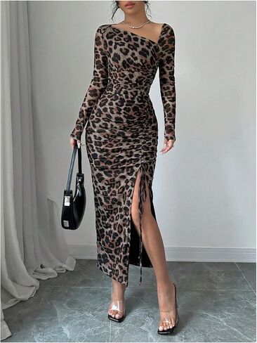 GORGLITTER Women's Maxi Leopard Spring Wedding Guest Dress Drawstring Ruched Asymmetrical Neck Split Dresses in Saudi Arabia
