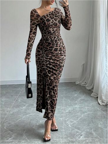 GORGLITTER Women's Maxi Leopard Spring Wedding Guest Dress Drawstring Ruched Asymmetrical Neck Split Dresses in Saudi Arabia