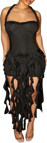 Aro Lora Womens Sexy Halter Neck Disteless Frusticle Tassel Party Club Bodycon Mini Dress in Kuwait