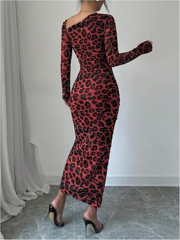 GORGLITTER Women's Maxi Leopard Spring Wedding Guest Dress Drawstring Ruched Asymmetrical Neck Split Dresses in Saudi Arabia